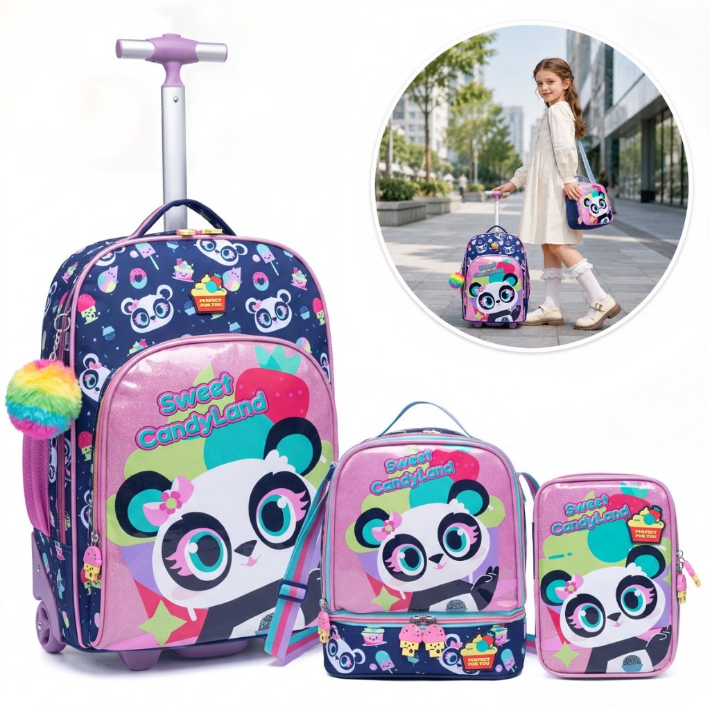 Kit Mochila Rodinhas Menina 3 Peças Panda Sweet CandyLand Lancheira Térmica e Estojo