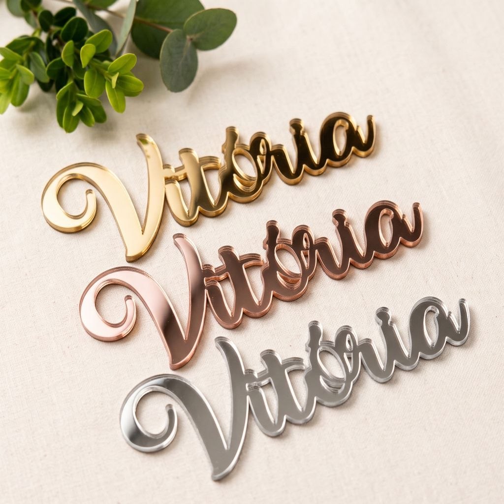 Kit Nome Acrílico Espelhado 5cm - 5 a 40un - Dourado/Rose Gold + 10 Cores Personalizado - Ta...