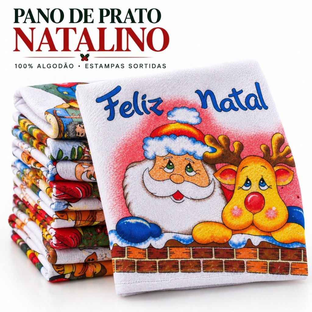 Kit Pano de Prato Natalino 100% Algodão Estampado para Cozinha Natal 3 5 ou 10 Unidades