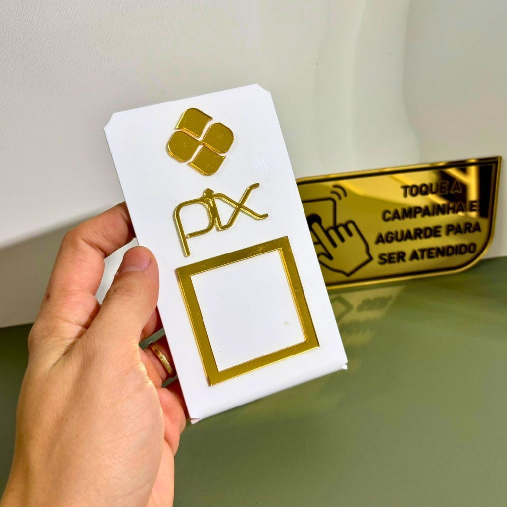 KIT PLACA PIX PERSONALIZADA QR CODE + PLACA CAMPAINHA IDENTIFICAÇÃO BALCÃO ACRÍLICO ESPELHADO