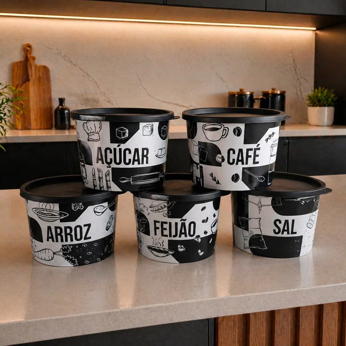 Kit Porta Mantimentos 5 Peças Redondo Com Decoração 1,5 Lt*