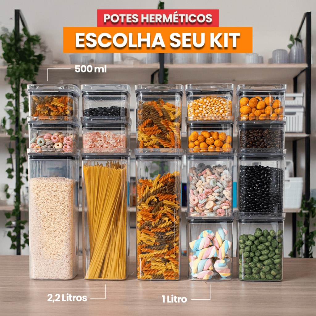 Kit Potes Herméticos Porta Mantimentos Acrílico Empilháveis Quadrado Resistente Cozinha Disp...