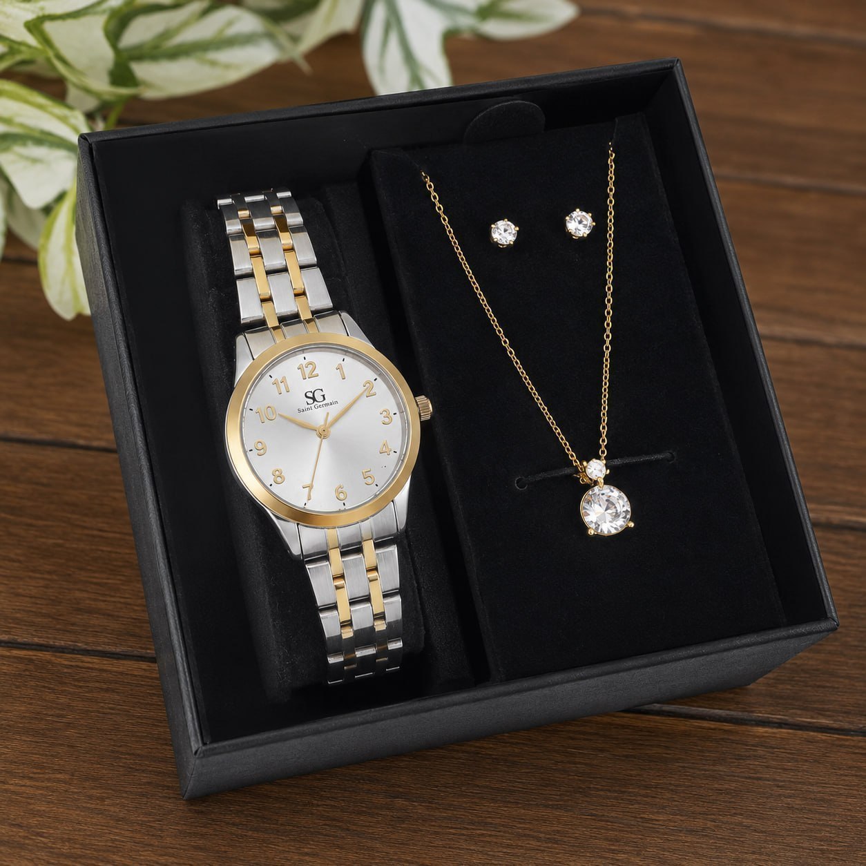 Kit Relógio Colar e Brincos Ponto De Luz Dourado e Prateado Feminino Luxo Saint Germain 28mm