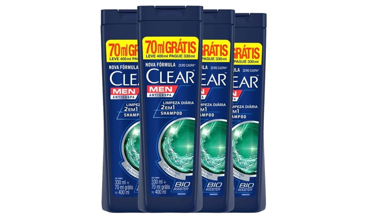 ➡️ KIT SHAMPOO CLEAR ANTI-CASPA LIMPEZA DIÁRIA 2 EM 1 LEVE 400ML PAGUE 330ML - 4 UNIDADES