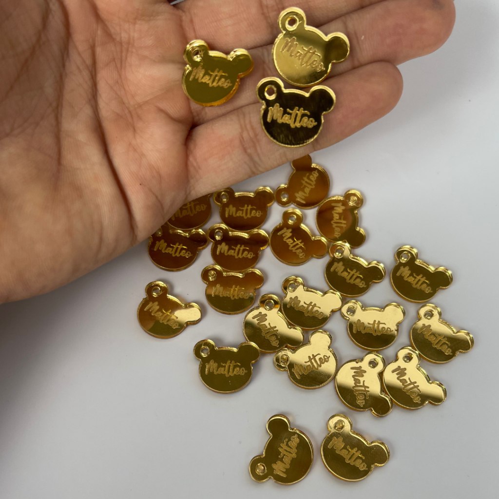Kit tag Ursinho acrilico prata rose dourado espelhado nome cha de bebe cheguei inicial perso...