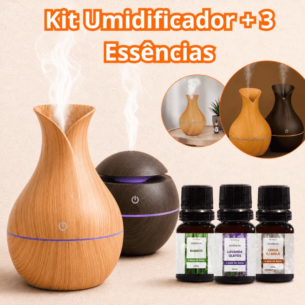 Kit Umidificador De Ar + 3 Essências 10ml | Difusor Aromatizador Vaso Escolha Seu Modelo Ato...