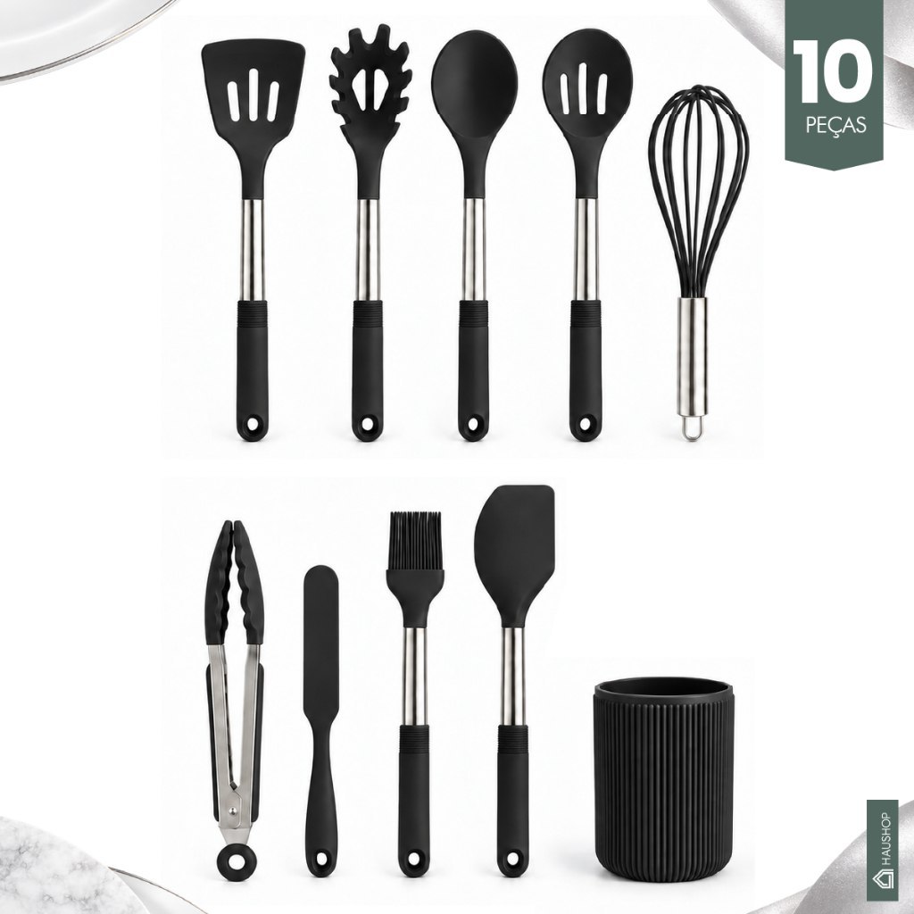 Kit Utensílios Cozinha 10 Peças Silicone Cabo Inox Grande Premium com Suporte: Não Enferruja...