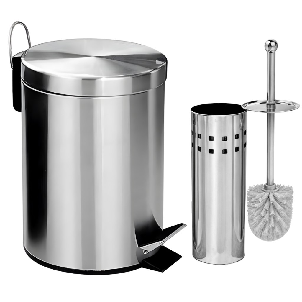 Lixeira Banheiro Inox Pedal Cozinha + Escova Sanitária Inox Com Suporte Ou Opções Avulsos