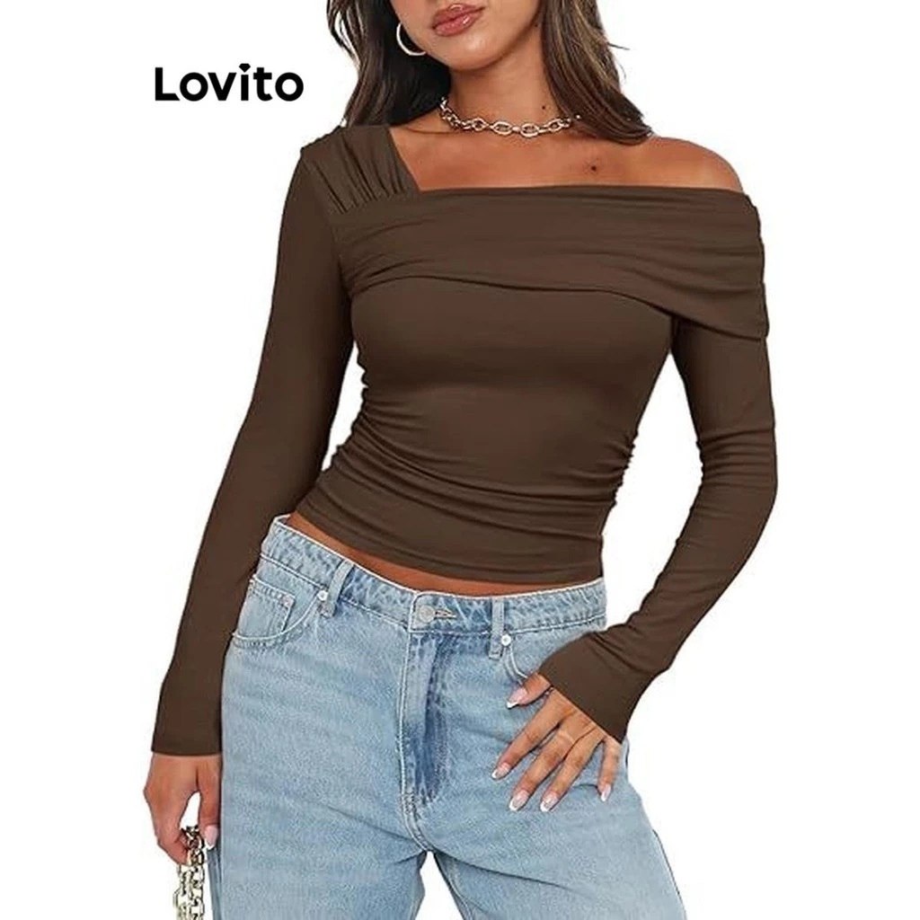 🔥 LOVITO BLUSA FEMININA MANGA COMPRIDA ASSIMÉTRICA TSNS56BX321