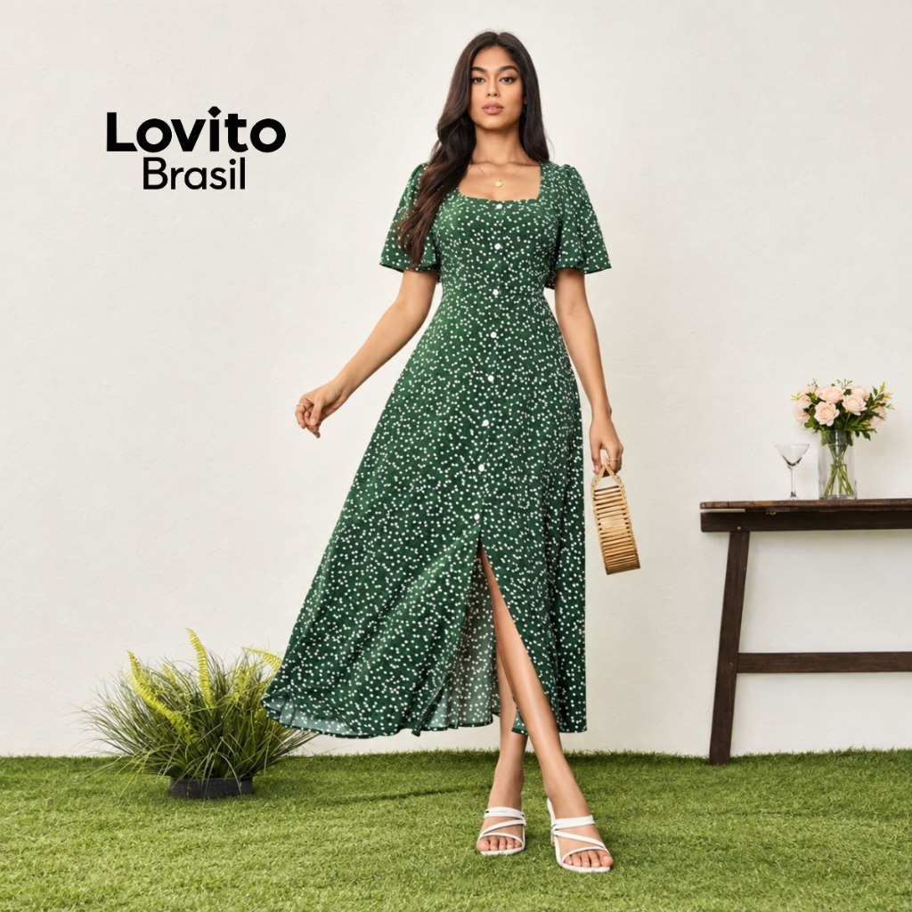 LOVITO VESTIDO FEMININO MIDI ROMÂNTICO ESTAMPADO DRB5BR180