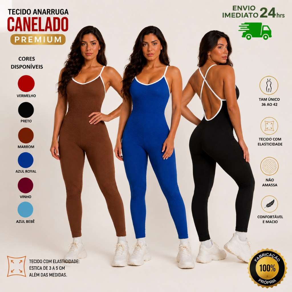 Macacão feminino Longo Academia canelado Anarruga Costa X