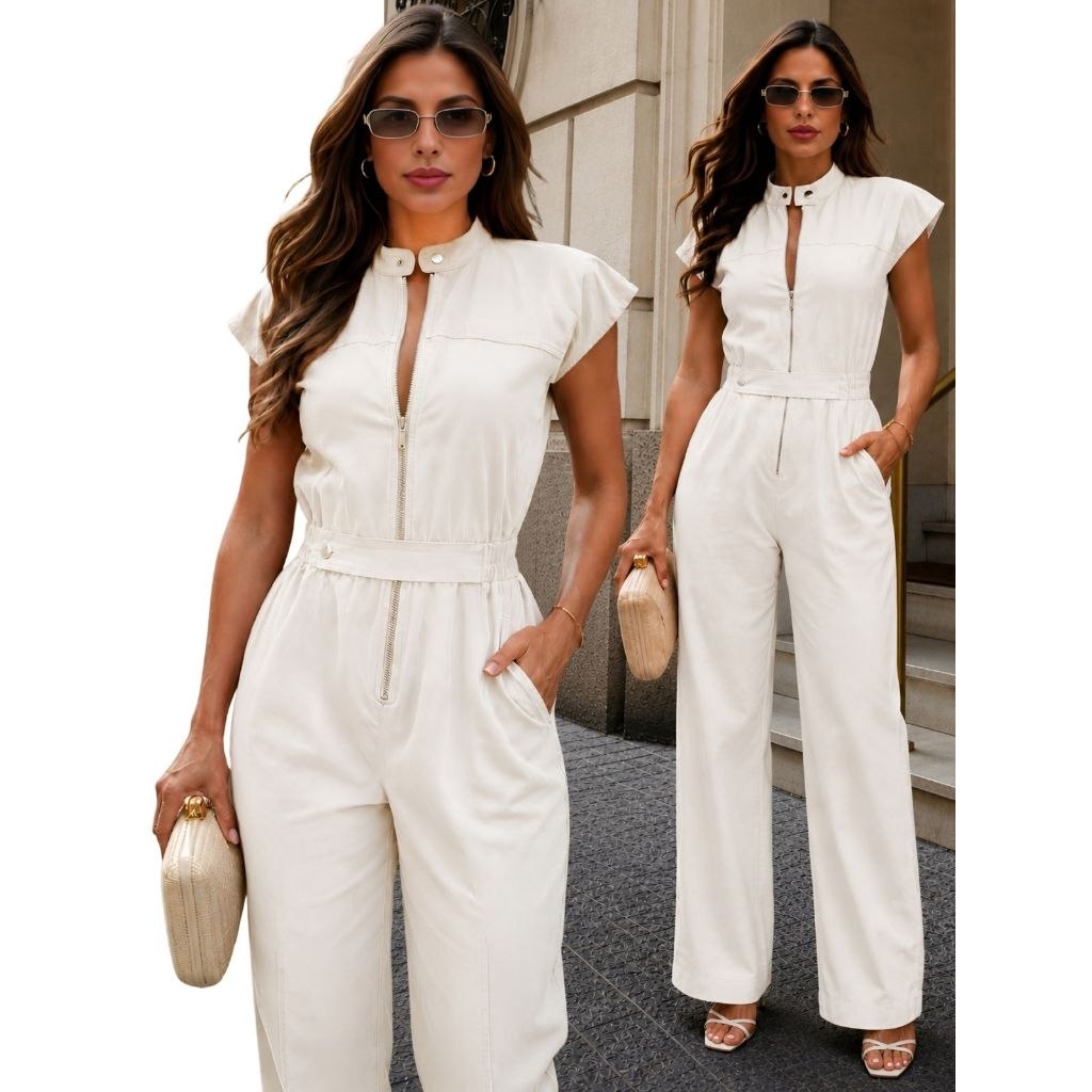 🔥 MACACÃO FEMININO LONGO COM ZIPER FRONTAL ALFAIATARIA ELEGANTE CINTO GOLA ALTA BOLSOS SOCIA...