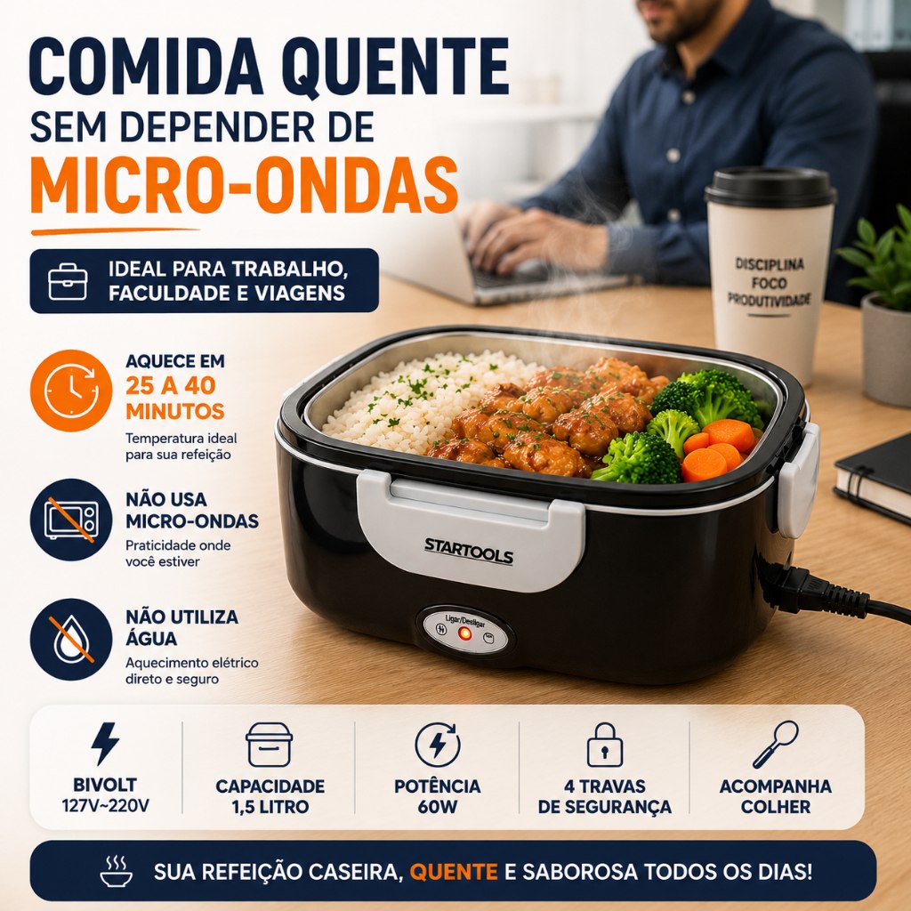 Marmita Elétrica Térmica Bivolt Portátil 1,5L Ideal Para Trabalho e Viagem Quentinho Sempre