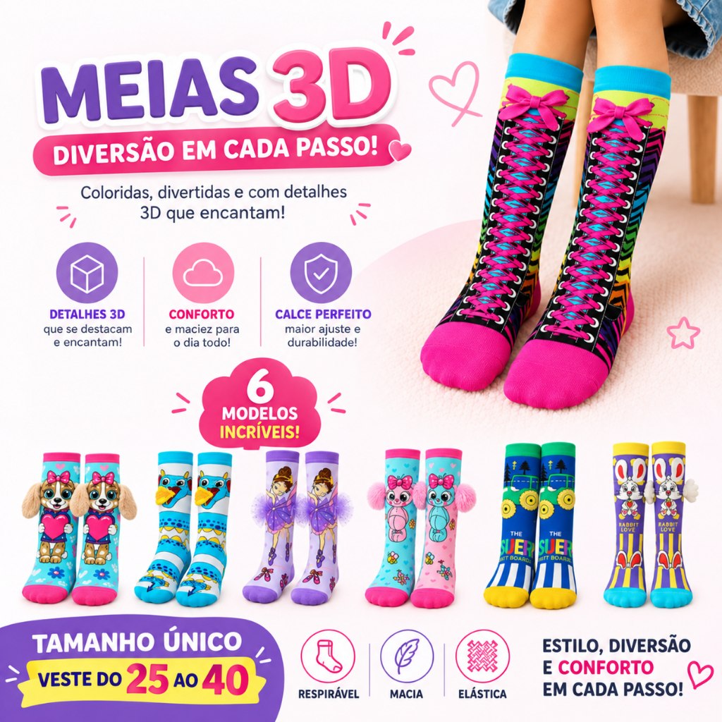 Meia 3D Divertida Infantil e Adulto Modelos Coloridos e Criativos Tamanho Único do 25 ao 40