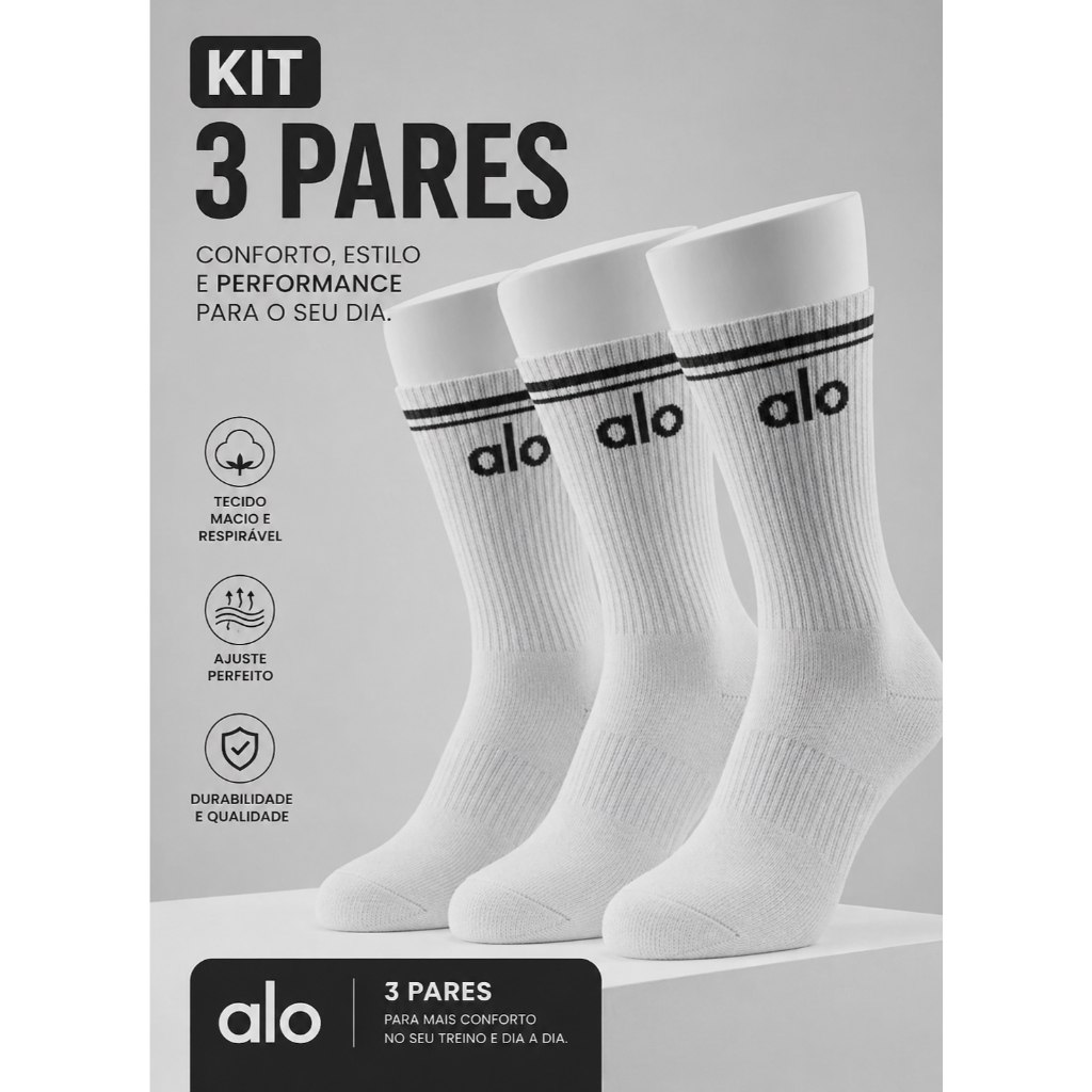 Meia Academia Kit 3 Pares Cano Longo Premium Algodão Para Treino e Dia a Dia