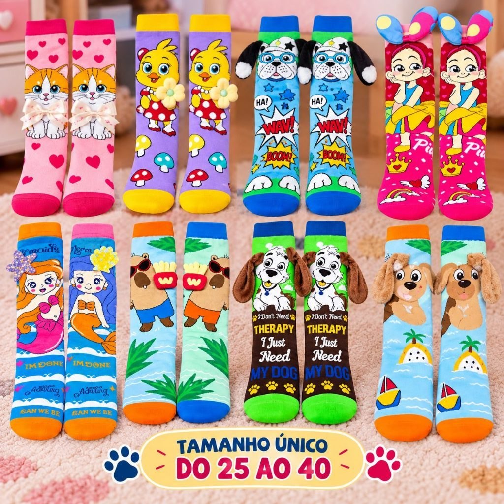 Meia Infantil Divertida 25 ao 40 3D Cano Alto Menina Menino Colorida Confortável Personagens...