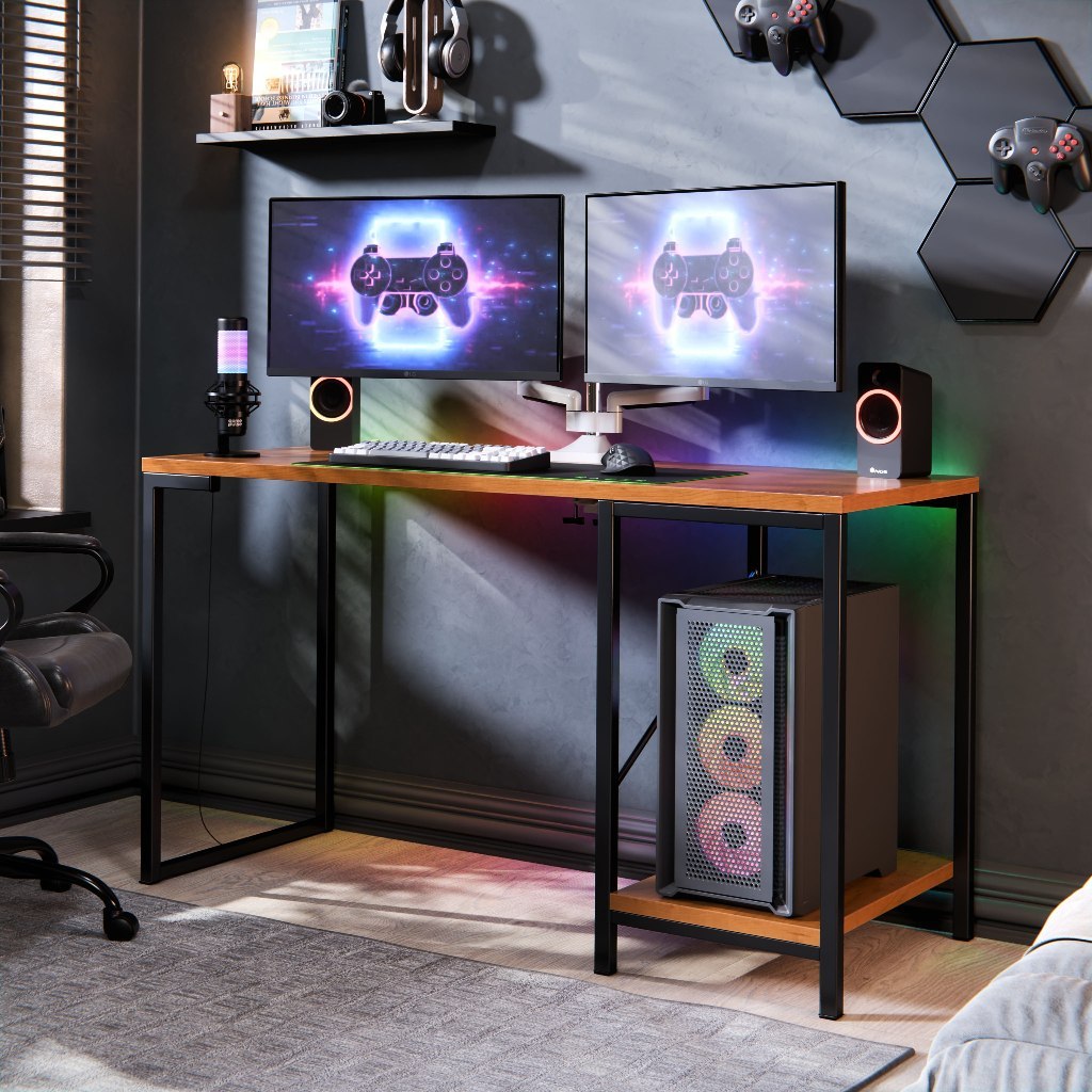 ⚠️ MESA ESCRIVANINHA GAMER E HOME OFFICE BARCELONA ESTILO INDUSTRIAL COM PRATELEIRA EM AÇO R...