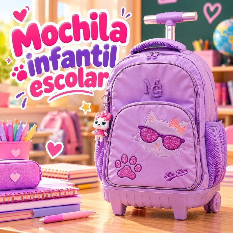 Mochila infantil com rodinhas, mochila com carrinho, mochila fofa com desenho de gato