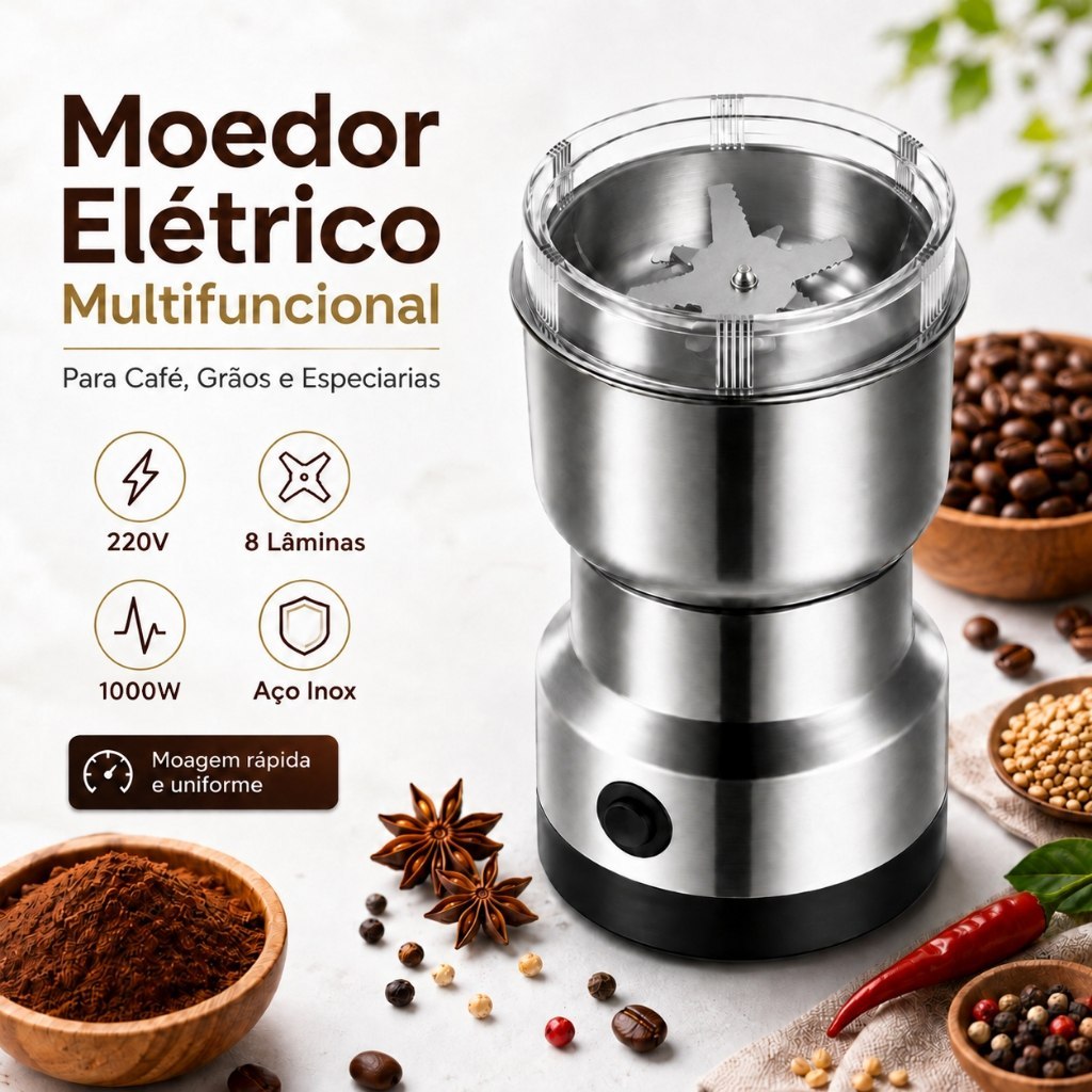 🔥 MOEDOR DE CAFÉ ELÉTRICO 220V 8 LÂMINAS AÇO INOX MULTIFUNCIONAL PARA GRÃOS TEMPEROS E ESPEC...