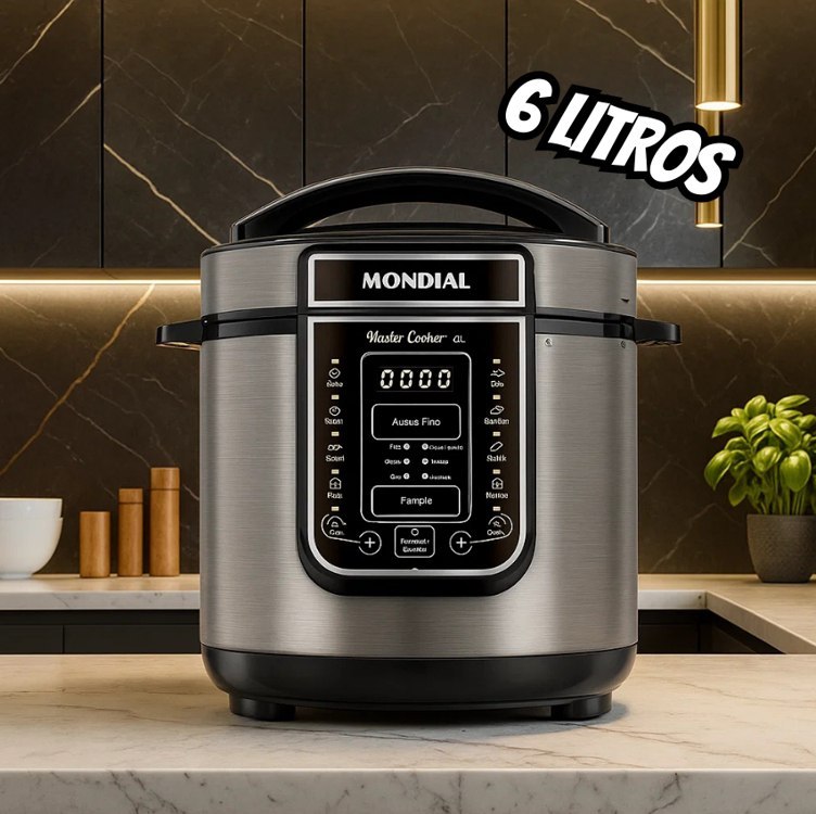 MONDIAL Panela de Pressão Elétrica Digital 6L, Preto/Inox, 1000W, 220V - PE-60-6L-I