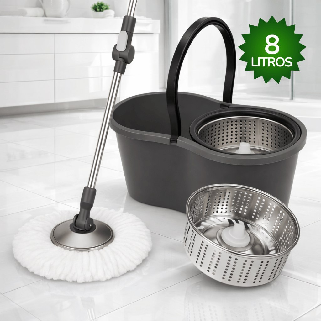 MOP COM CENTRIFUGA INOX COM REFIL DE MICROFIBRA E CABO EM INOX 9 LITROS MOPI CABO 130CM