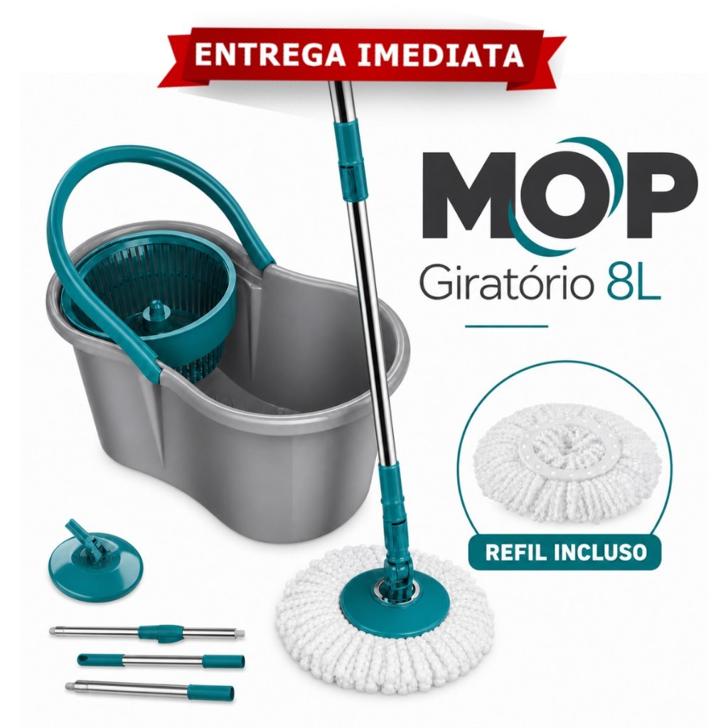 🆘MOP GIRATÓRIO 8 LITROS FIT CESTO PLÁSTICO ESFREGÃO MICROFIBRA CABO INOX