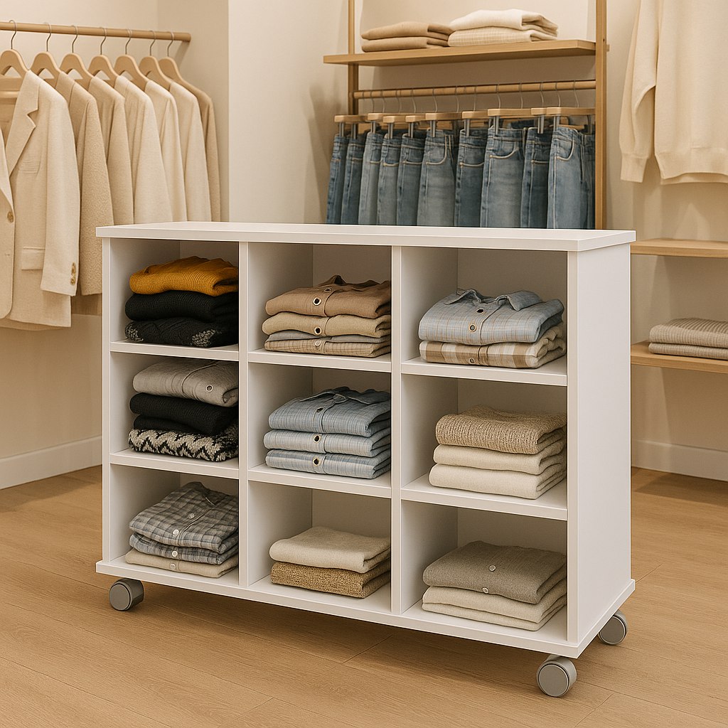 Móvel Expositor para Loja de Roupas 9 Nichos com Rodinhas Branco Estante organização Closet