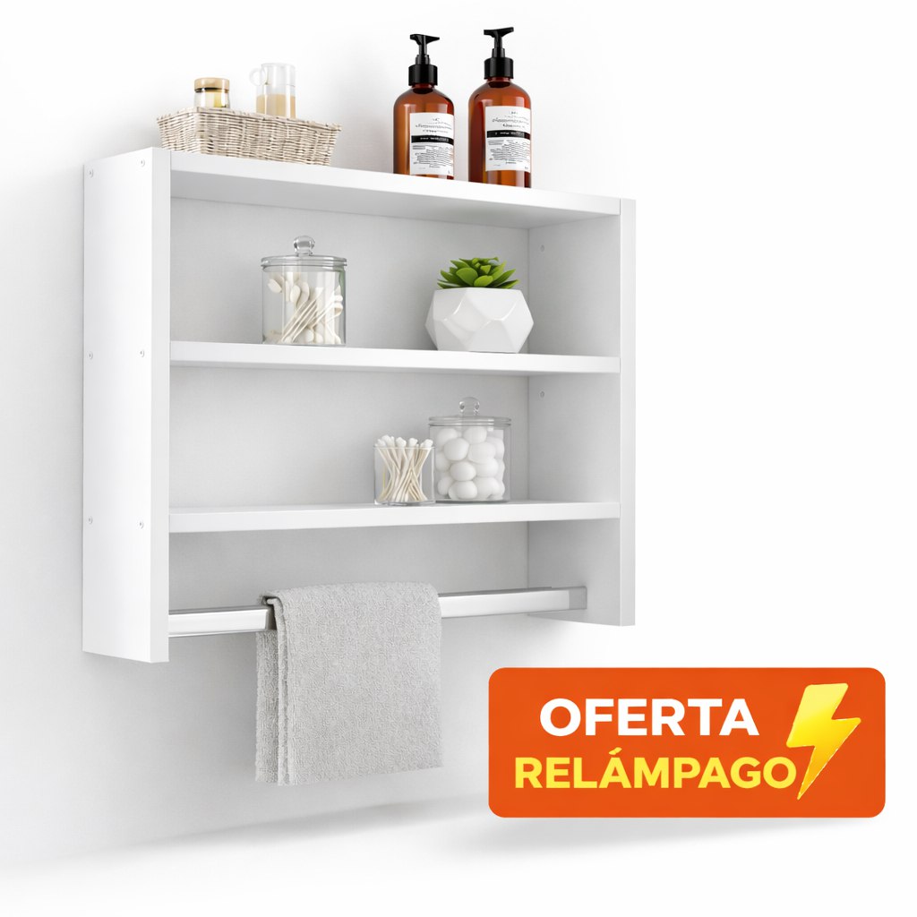 🆘NICHO PARA BANHEIRO COM SUPORTE DE TOALHA - PRATELEIRA DE PAREDE ORGANIZADOR BRANCO MDF, MU...