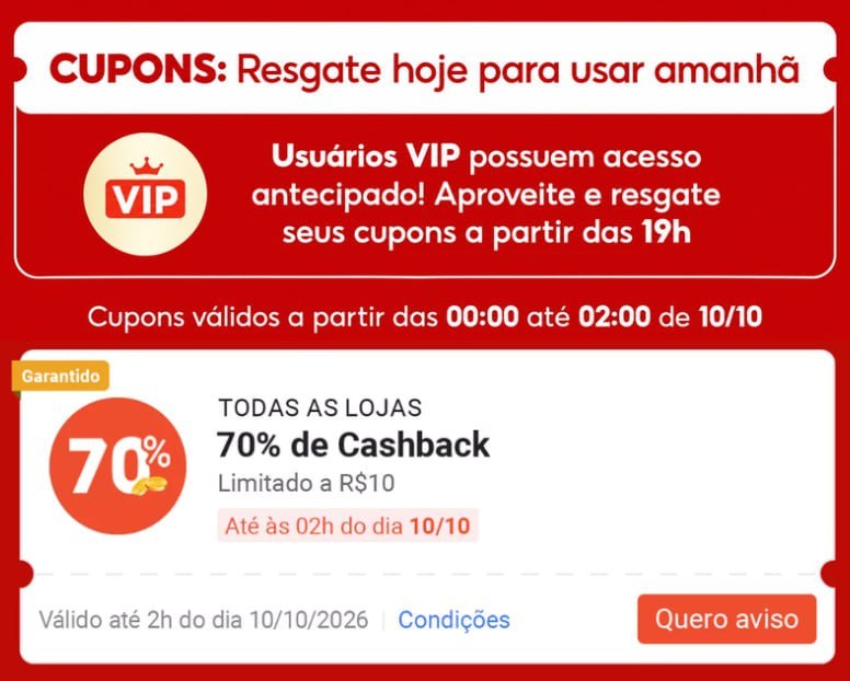 🚨 NOVIDADE! QUEM É VIP NA SHOPEE PODERÁ RESGATAR TODOS OS CUPONS DE CASHBACK ATÉ 70%, E FRET...