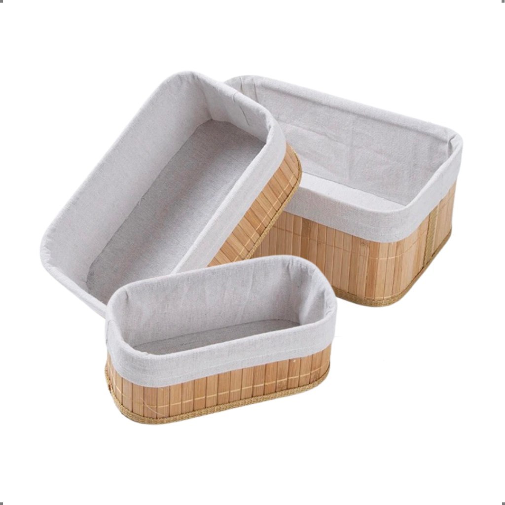 ORGANIZADOR BAMBU KIT COM 3 TAMANHOS E INDIVIDUAL FORRADO RETANGULAR QUARTO MESA COPA BANHEIRO