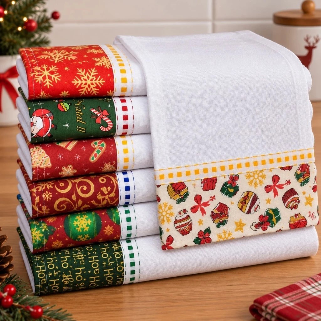 Pano De Prato Barrado Natal kit 05 pçs