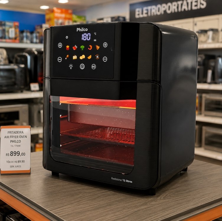 Philco PAF15C Fritadeira Air Fryer Oven 15 Litros Revestimento Redstone Porta Removível Luz...