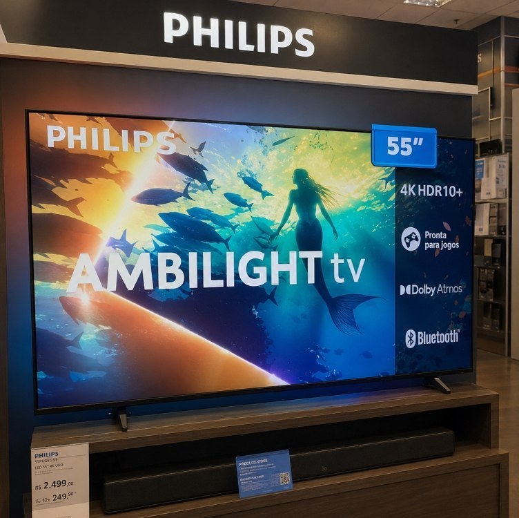 PHILIPS, Smart TV Ambilight 55" 4K, Titan OS, 55PUG8100/78, Comando de Voz, HDR10+/Dolby Atm...