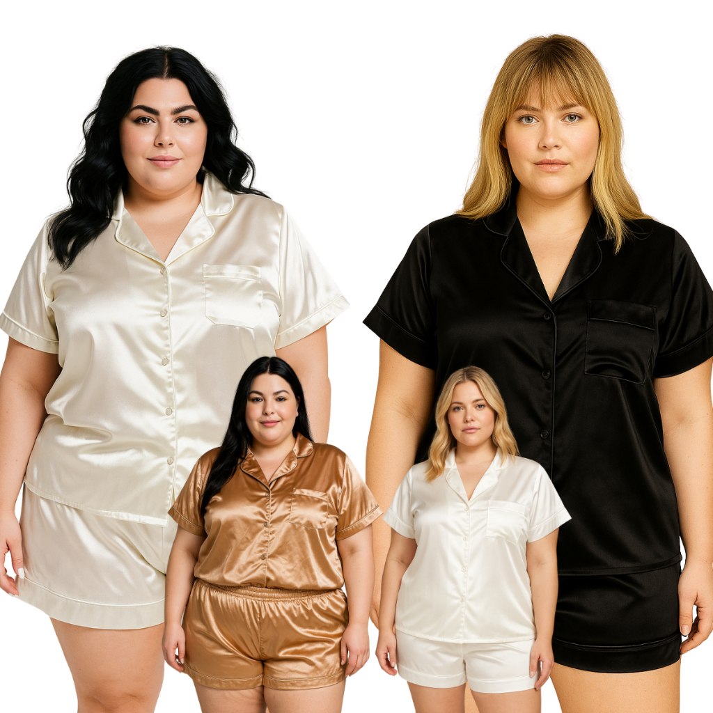 PIJAMA AMERICANO DE CETIM PLUS SIZE PRETO E BRANCO PÓS CIRUGICO NO GG,G1,G2,G3 AMAMENTAÇÃO P...