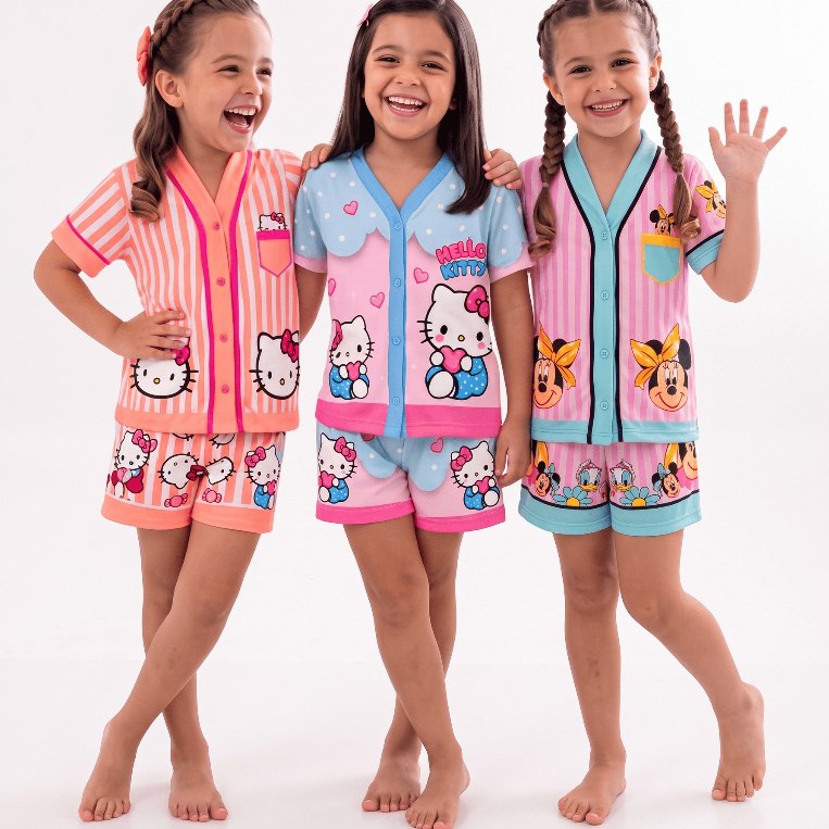 Pijama Infantil Menina Americano 3D Hello Kitty Minnie Snoopy Manga Curta e Short Verão Soft...