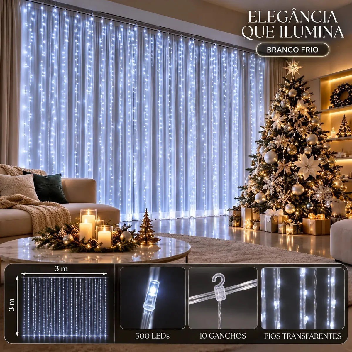 Pisca Cortina 300 Leds 3x3m Usb Ip44 8 Modos Iluminação