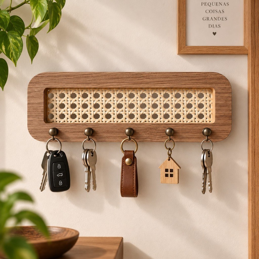 PORTA CHAVES MDF RETANGULAR COM PALHA INDIANA NATURAL–ORGANIZADOR DECORATIVO MODERNO
