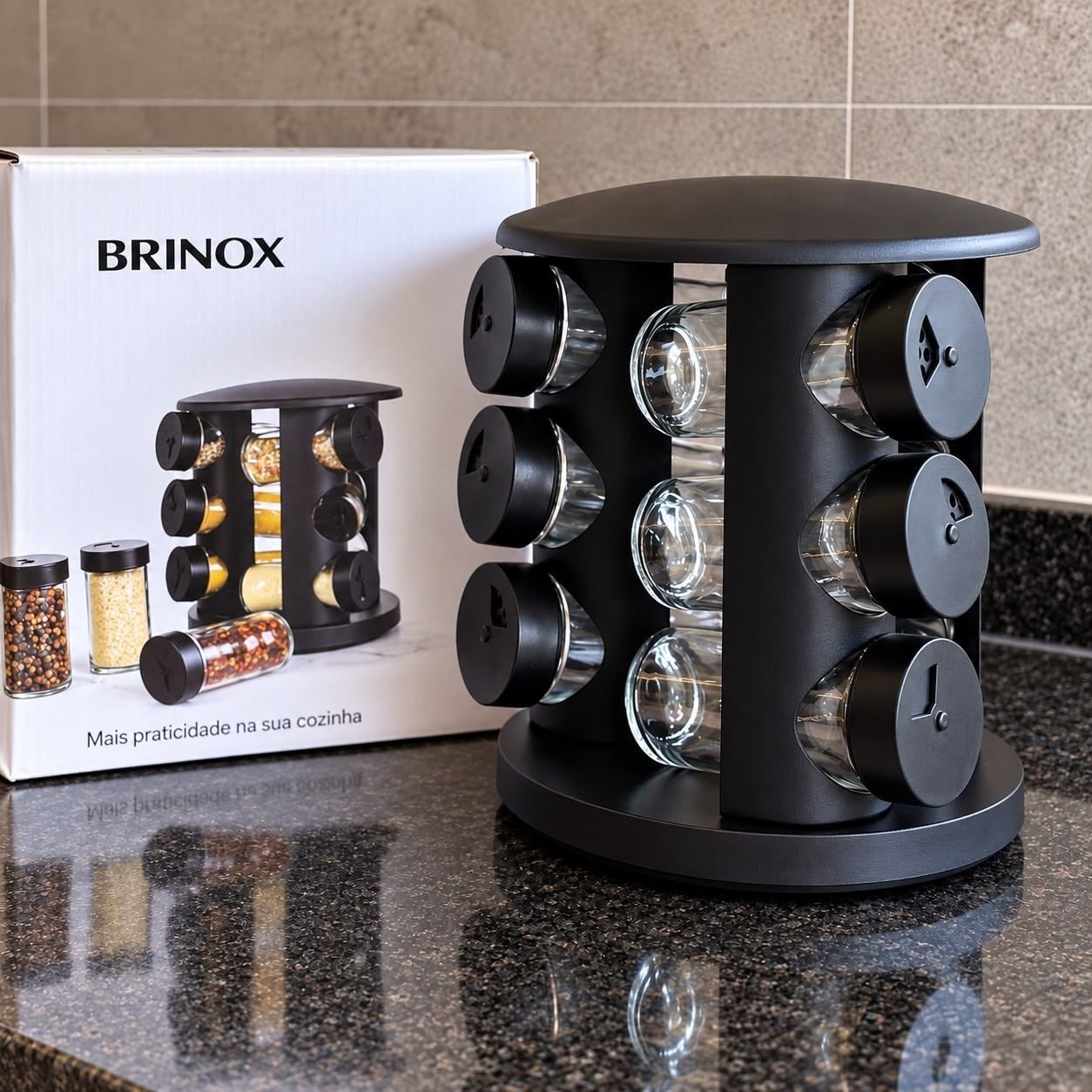 Porta Tempero De Vidro 10 Peças Brinox Lock & Preto