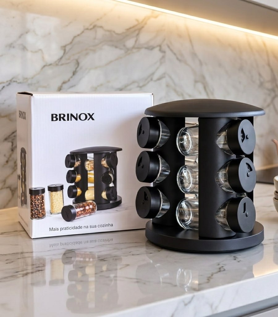 Porta Tempero De Vidro 10 Peças Brinox Lock & Preto*