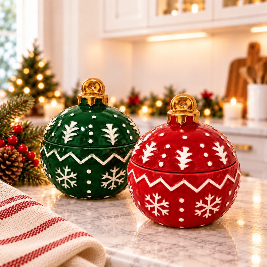 🔥 POTE BOMBONIERE NATALINA COM TAMPA NATAL LOUÇA BOLA DE NATAL DECORAÇÃO CERÂMICA