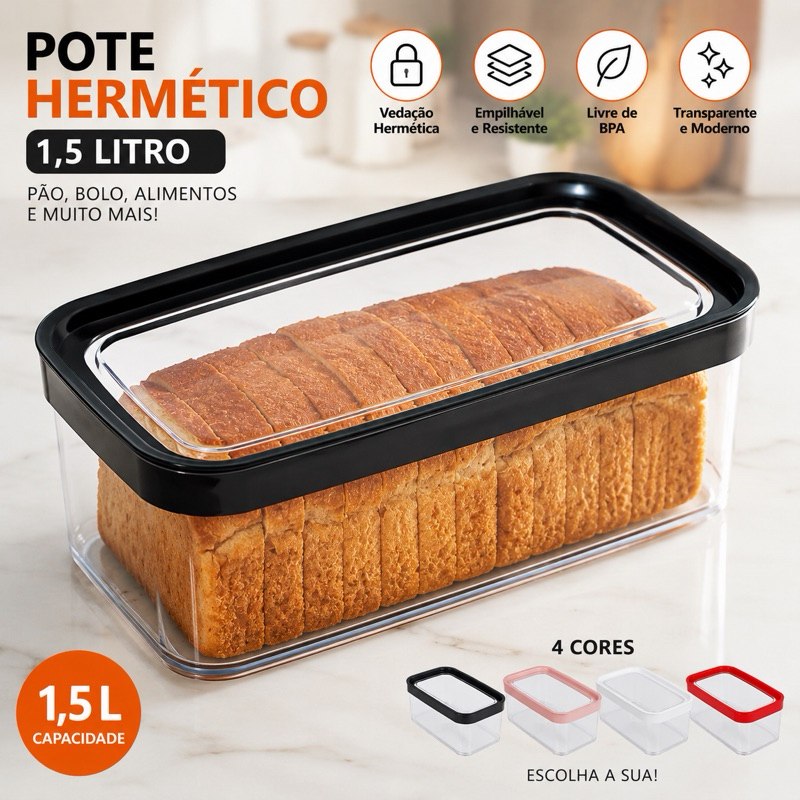 Pote Hermético 1,5L Porta Pão Bolo Organizador Cozinha Alimento mais Fofo Fresco Compacto e...