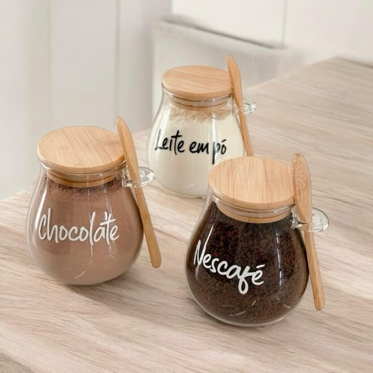 POTE HERMETICO COM TAMPA E COLHER DE BAMBU PERSONALIZADO 410 ML PERSONALIZADO AÇUCAREIRO SAL...
