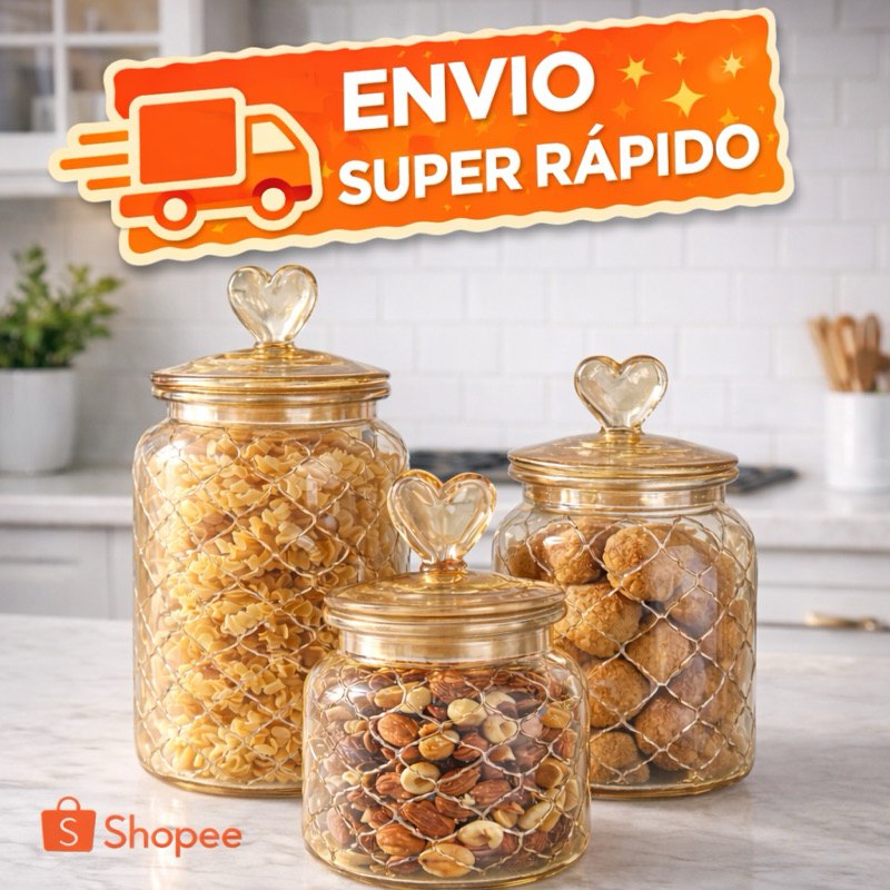 Pote Hermético Coração Vidro 600/900/1250ml Tampa Âmbar / Armazenamento Cozinha / Jogo Kit C...