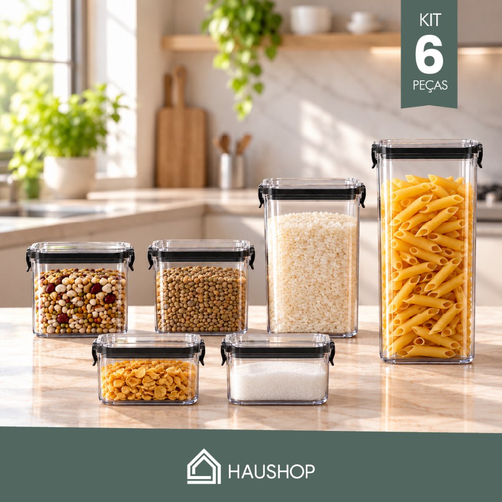 Potes Herméticos Kit 6 Unidades Plásticos Haushop BPA Free Para Alimentos Porta Mantimentos...