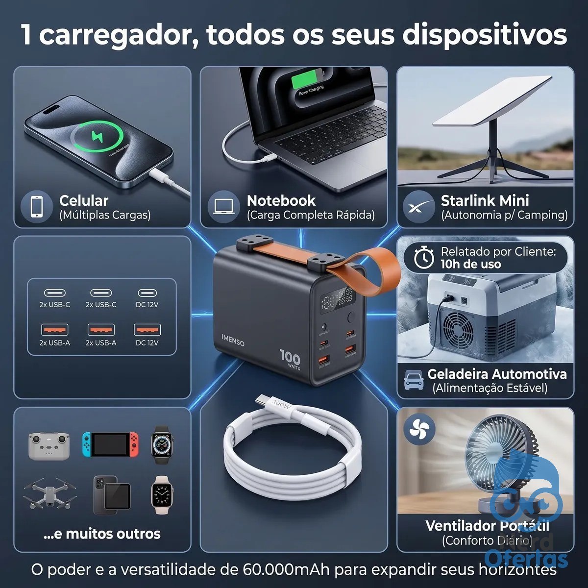 ⚠️ Power Bank 60000mah 100w + Cabo Starlink Mini E Led Inclusos