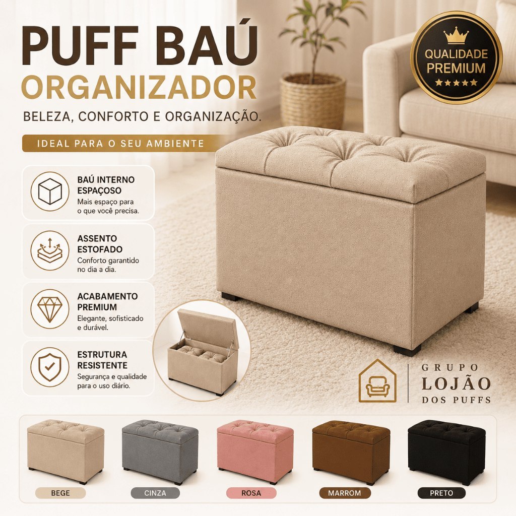 PUFF BAÚ EM SUEDE ORGANIZADOR ESTOFADO MULTIUSO QUARTO SALA CASA PENTEADEIRA ROUPAS SAPATO B...