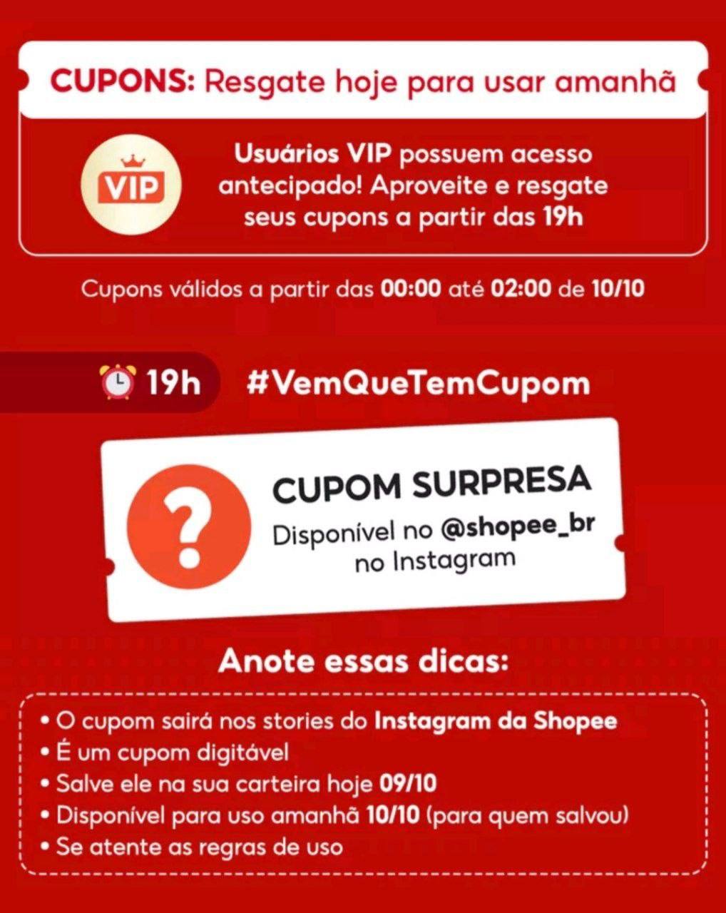 ⚠️ Quem é VIP na Shopee poderá resgatar todos os cupons de cashback até 70%, e frete grátis...