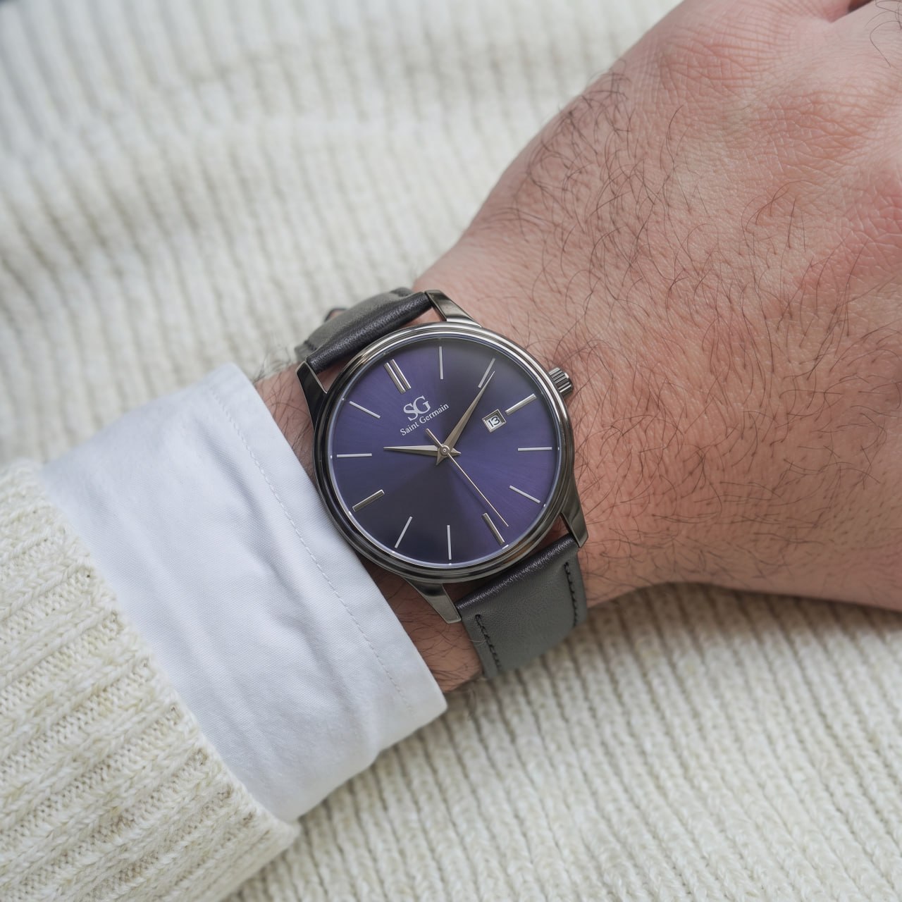 Relógio Masculino Couro Azul Caixa Prata Saint Germain 42mm