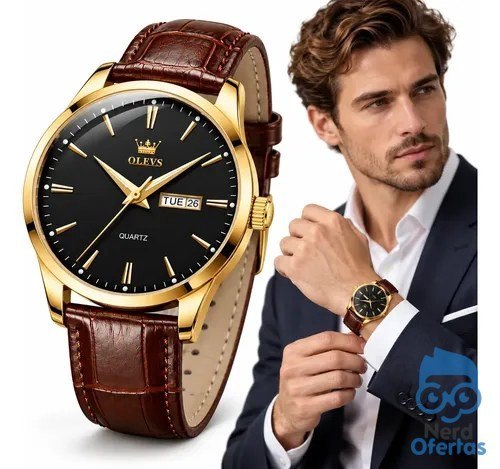 ➡️ Relógio Masculino Olevs Dourado Couro Marrom Calendário