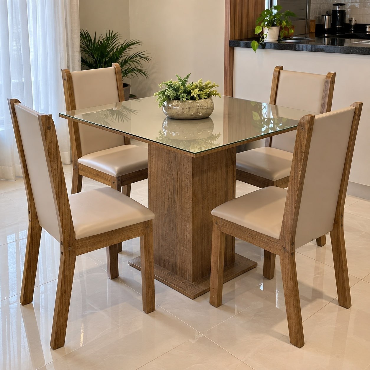 Sala De Jantar Mesa Tampo De Vidro 4 Cadeiras Tifani